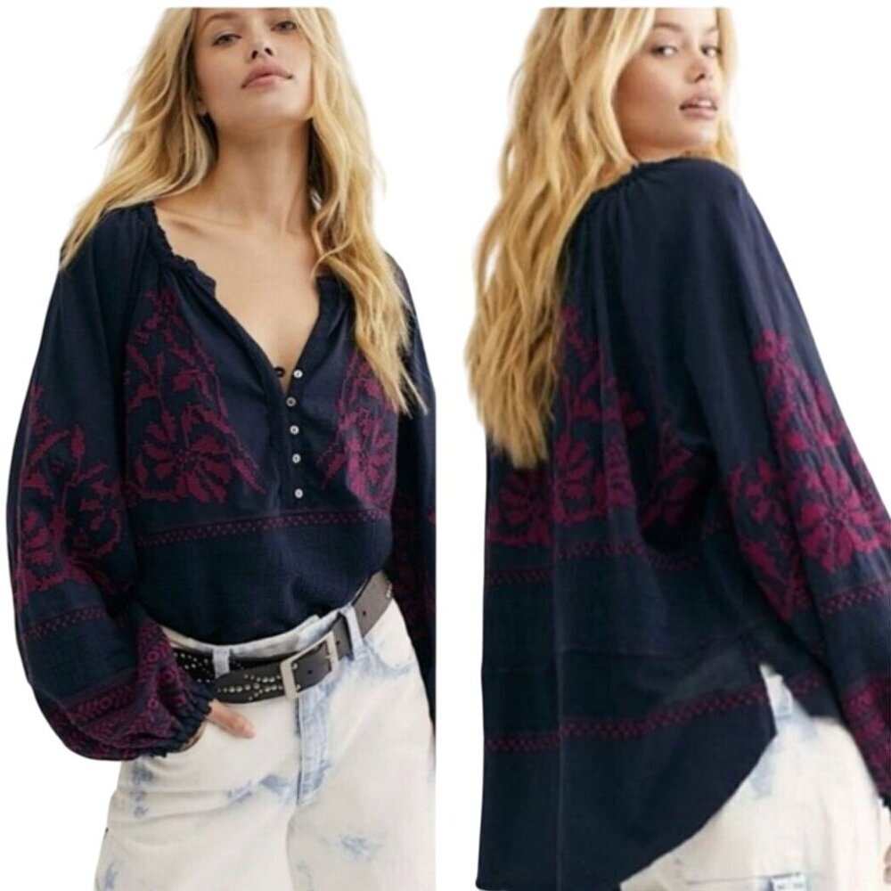 Free People Persuasion Embroidered Peasant Blouse Navy Fuchsia Bohemian Size M